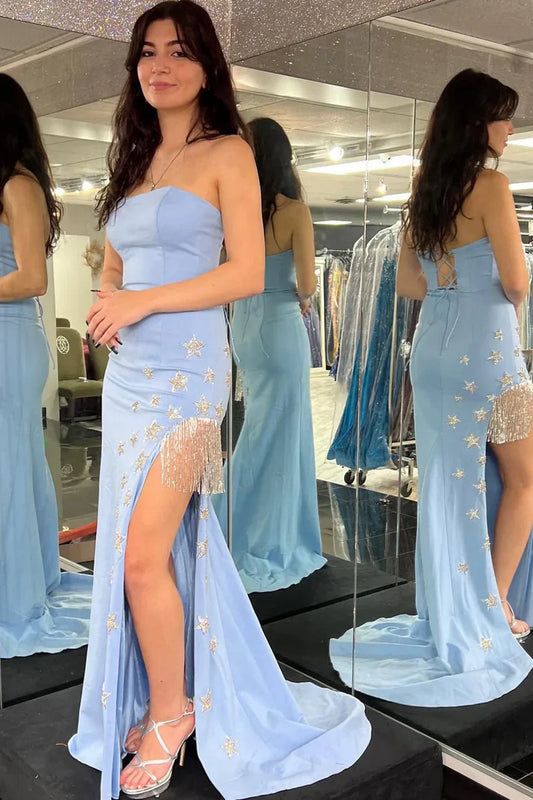 Modest Satin Strapless Empire Appliques Party Prom Dress