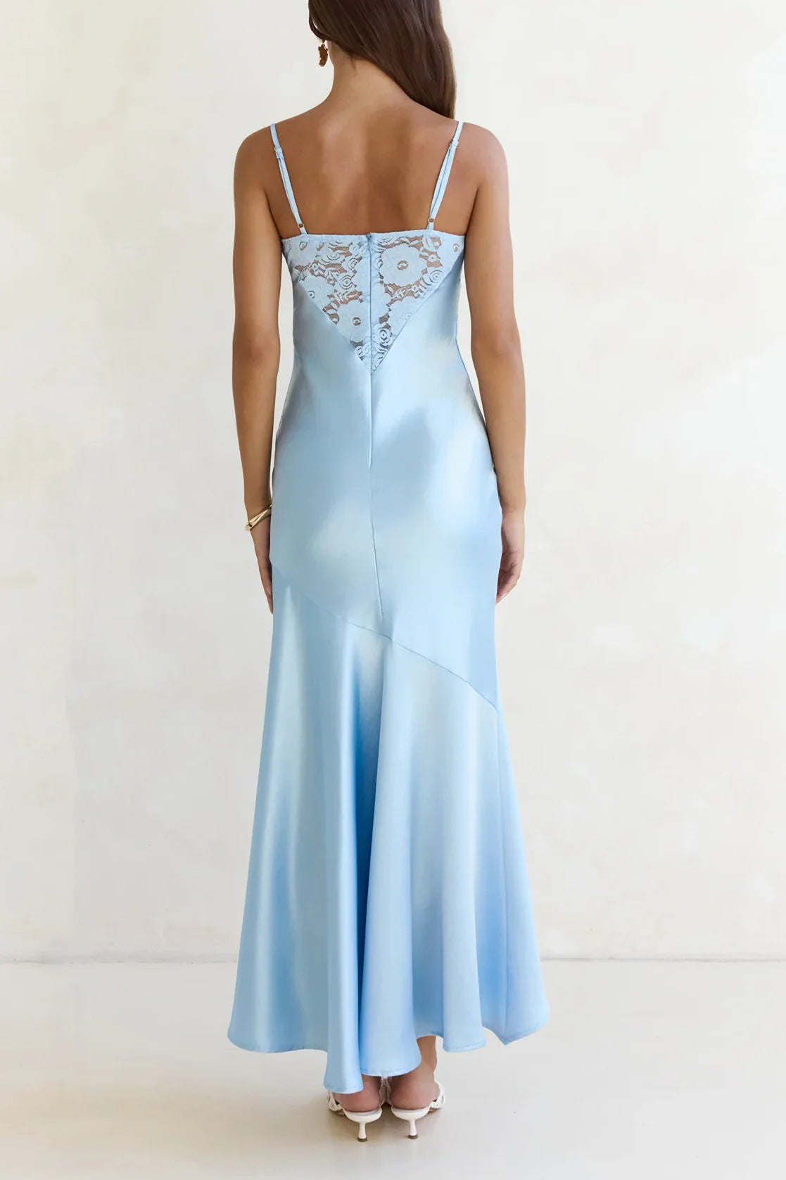 Modest Spaghetti Straps Sheer Lace Satin High-Low Party Prom Dress
