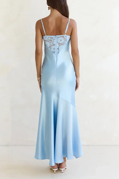 Modest Spaghetti Straps Sheer Lace Satin High-Low Party Prom Dress