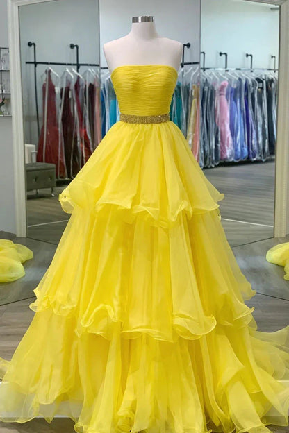 Modest Strapless A-Line Beaded Empire Tiered Party Prom Dress