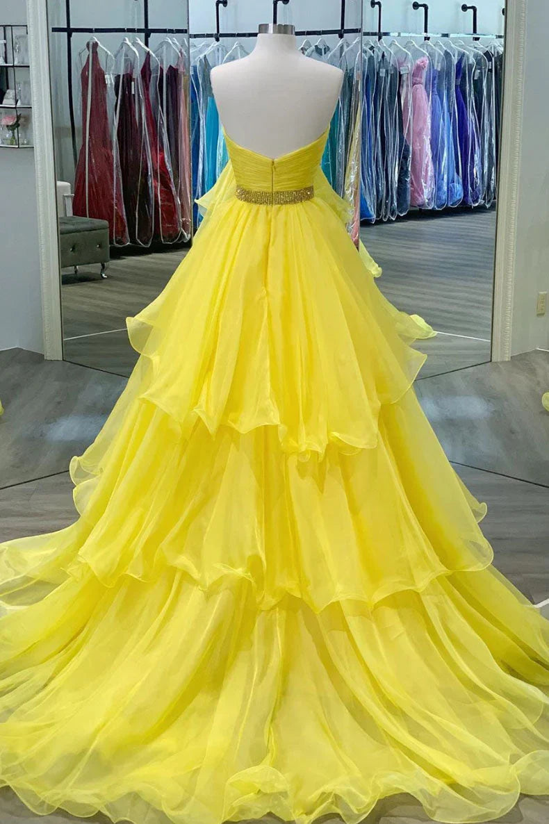 Modest Strapless A-Line Beaded Empire Tiered Party Prom Dress