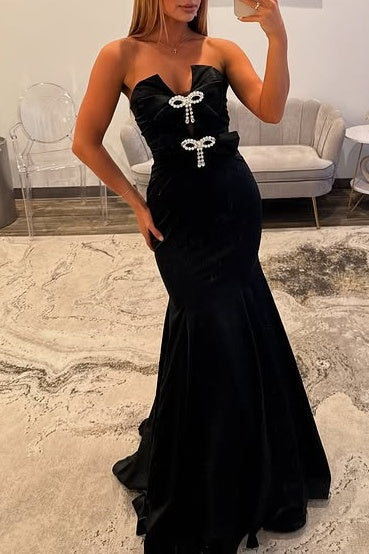 Modest Strapless Empire Satin Party Prom Dress With Bows