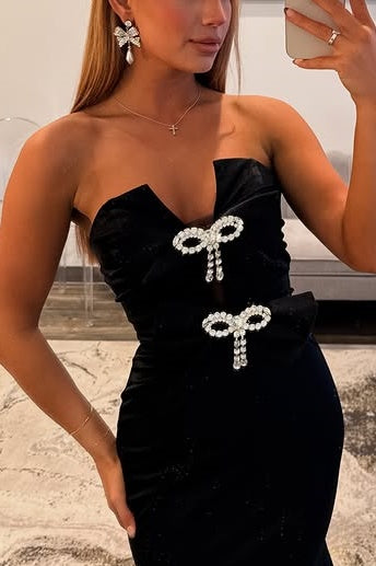 Modest Strapless Empire Satin Party Prom Dress With Bows