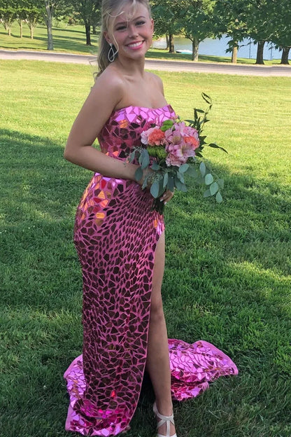 Modest Strapless Lace Up Beaded Mermaid Party Prom Dress With Slit