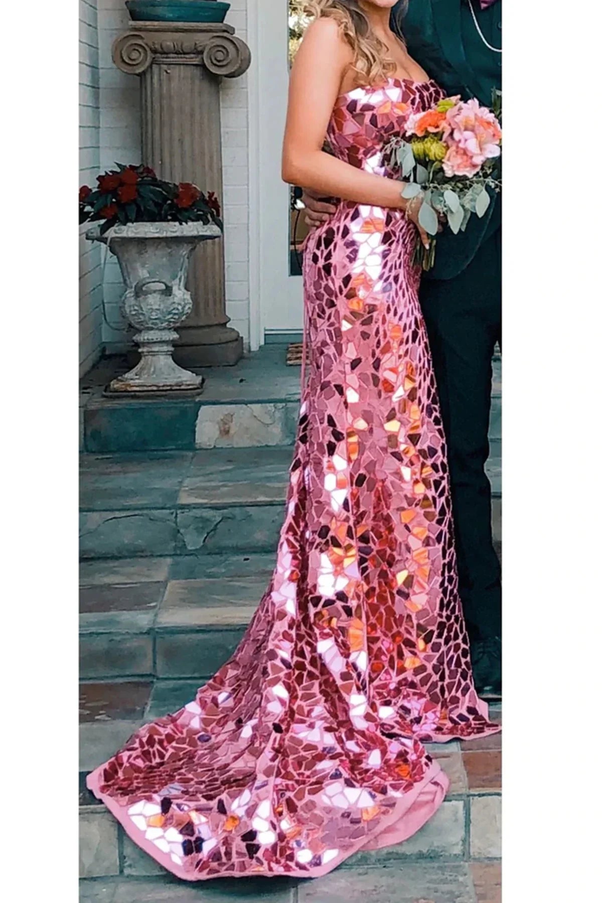Modest Strapless Lace Up Beaded Mermaid Party Prom Dress With Slit