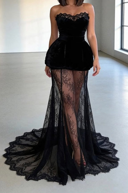 Modest Sweetheart Strapless Party Prom Dress With Lace Train