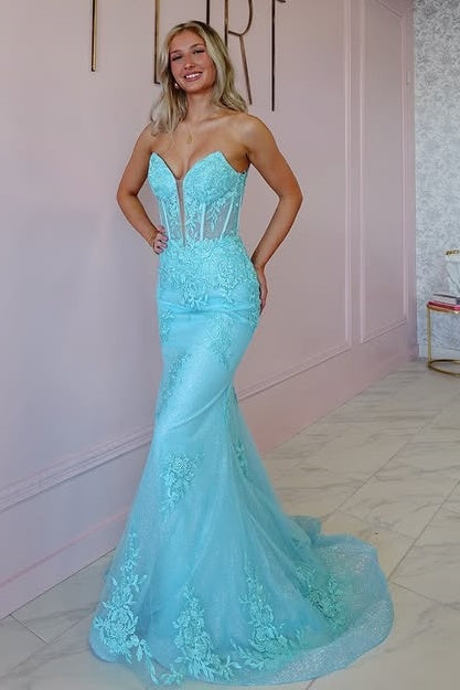 Modest V-Neck Strapless Mermaid Appliques Party Prom Dress