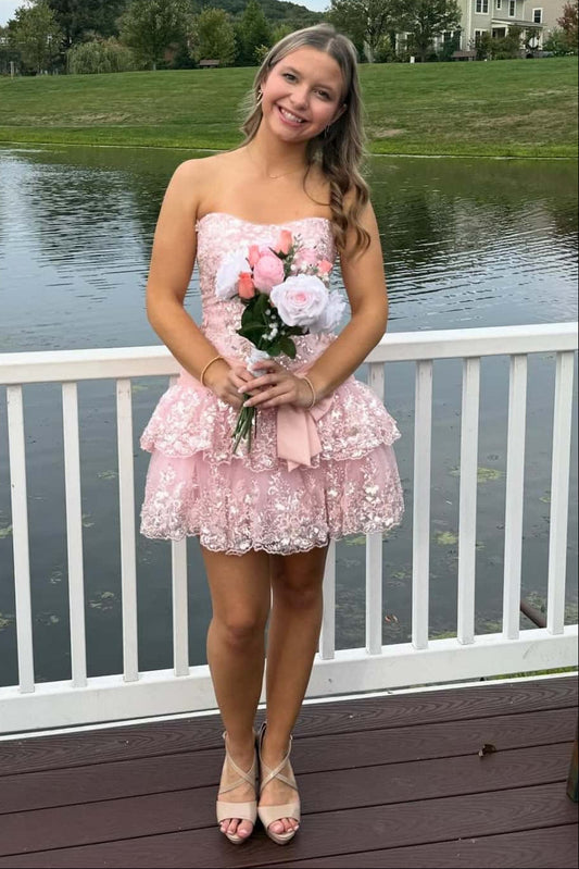 Cute Lace Strapless Ruffle Homecoming Dress With Bow