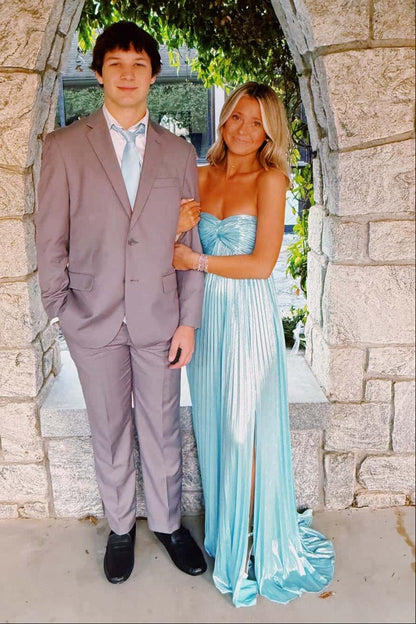 Blue Satin A-Line Sweetheart Strapless Party Prom Dress With Slit