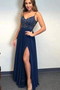 Navy Blue A-line Beaded Spaghetti Straps Prom Dresses, Long Formal Dress,evening dresses for weddings