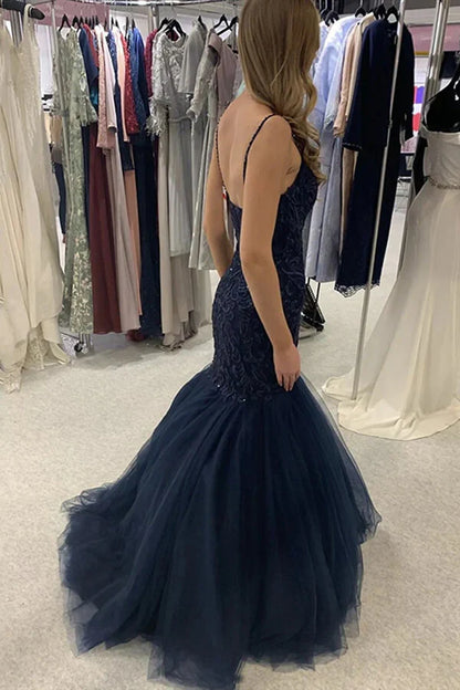 Navy Blue Sweetheart Sleeveless Mermaid Lace Appliques Party Prom Dress