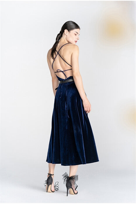 Navy Blue Spaghetti Straps Lae-Up Velvet Midi Party Dress
