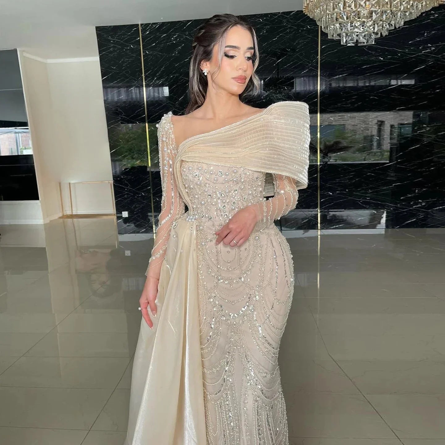 Vintage Shiny Beaded Long-sleeve Mermaid Long Prom Dress Evening Dress TP4565