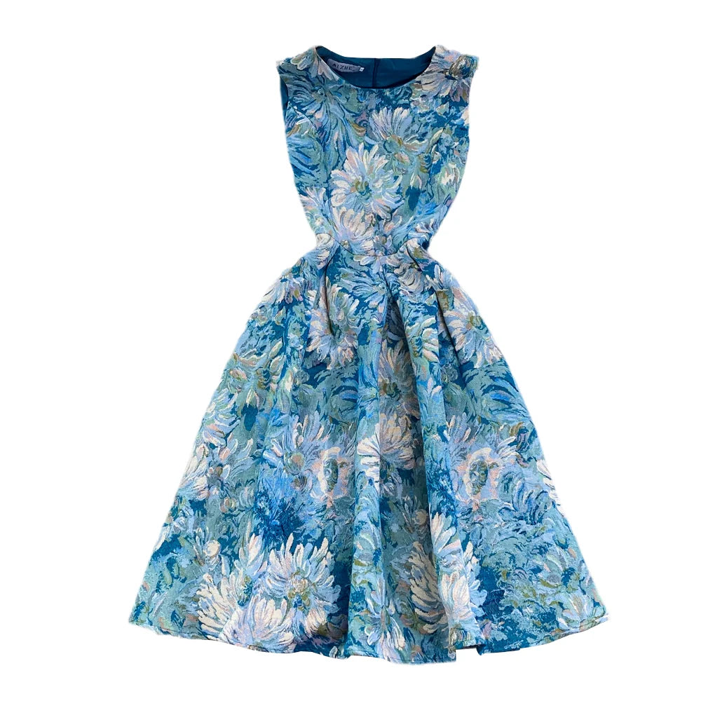 Summer retro palace style oil painting jacquard round neck sleeveless waist slimming medium and long A-line dress 11287