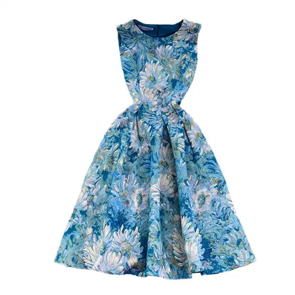 Summer retro palace style oil painting jacquard round neck sleeveless waist slimming medium and long A-line dress 11287