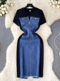 Fashion Design Sense Crew Neck Short Sleeve Patchwork Denim Dress TP2829
