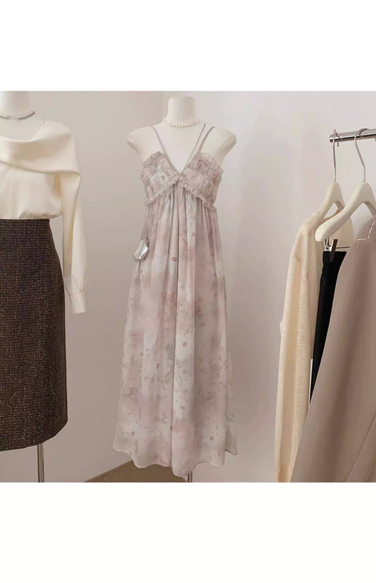 Summer fresh and elegant French style first love long dress, pure and sweet floral print sleeveless sundress  11490