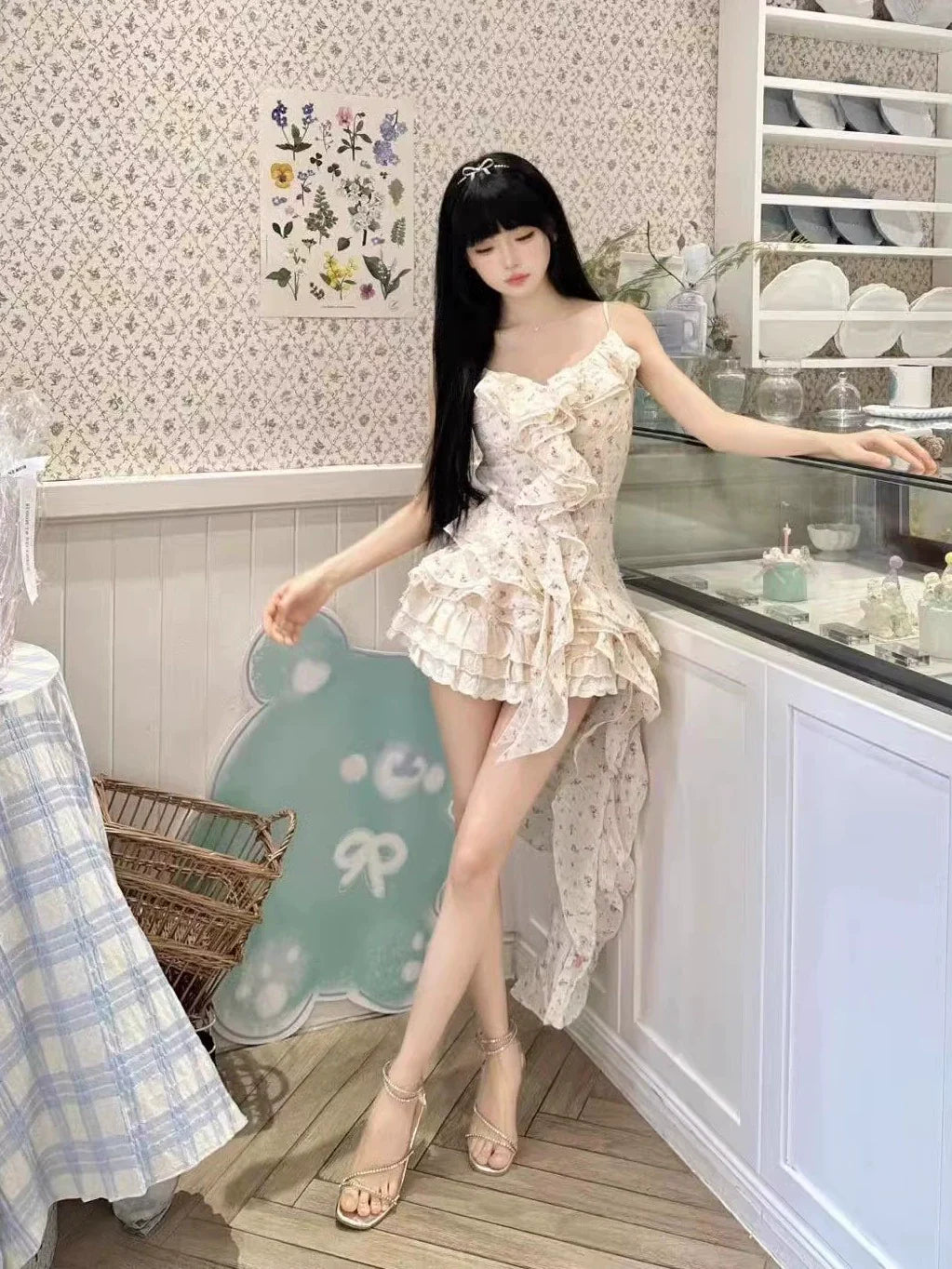 Fashion Irregular Ruffled Floral Design A-line Sleeveless Spaghetti Strap Dress TP3279