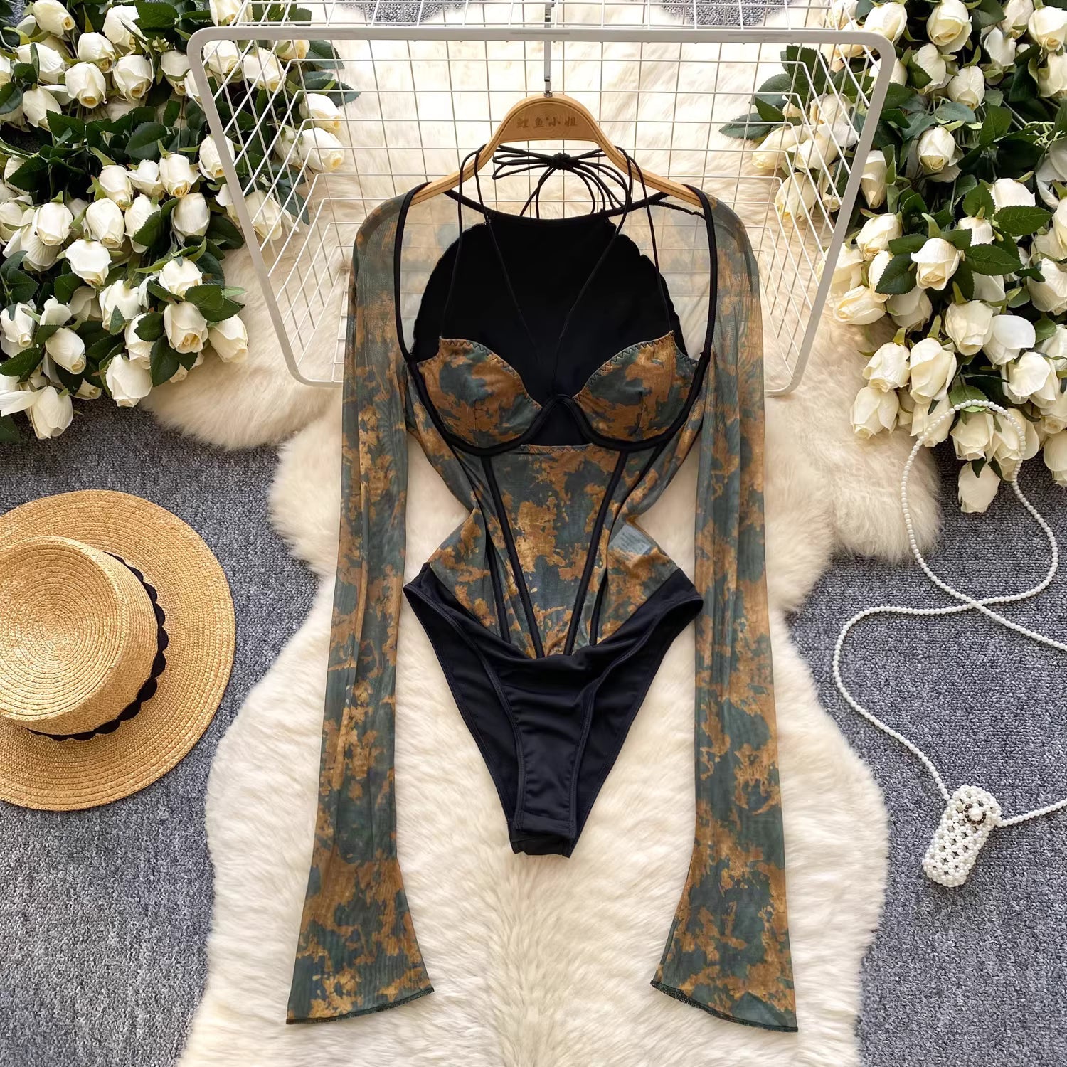 European and American style women's sexy low-cut halter neck mesh printed long-sleeved bodysuit shapewear top 11497