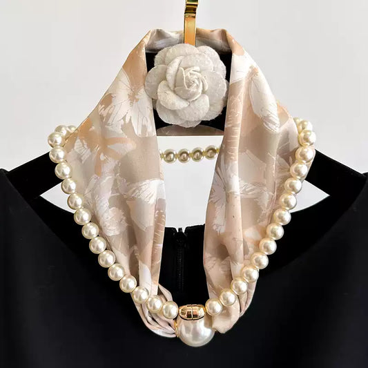 Simple Vintage Butterfly Pattern Design Magnetic Buckle Pearl Soft Silk Scarf TP3134