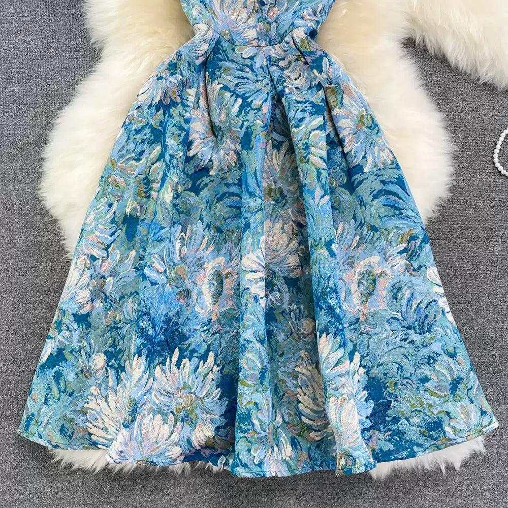 Summer retro palace style oil painting jacquard round neck sleeveless waist slimming medium and long A-line dress 11287