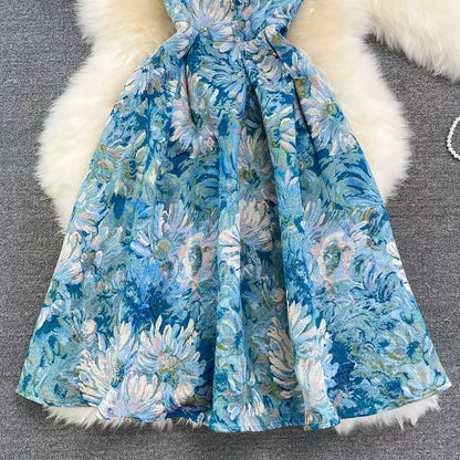 Summer retro palace style oil painting jacquard round neck sleeveless waist slimming medium and long A-line dress 11287