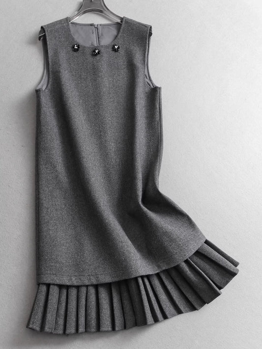 Sequined beaded round neck pleated sleeveless faux two-piece vest dress, slimming layered woolen dress  11296