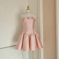 Retro Pink 3D Flowers Design A-line Strapless Satin Mini Party Dress Homecoming Dress TP4045