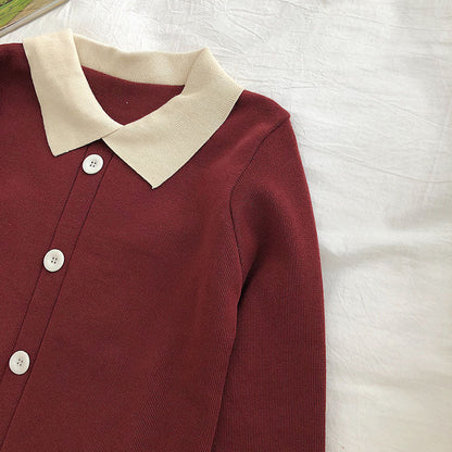 Color contrast Lapel long sleeve sweater Pullover Top  6483