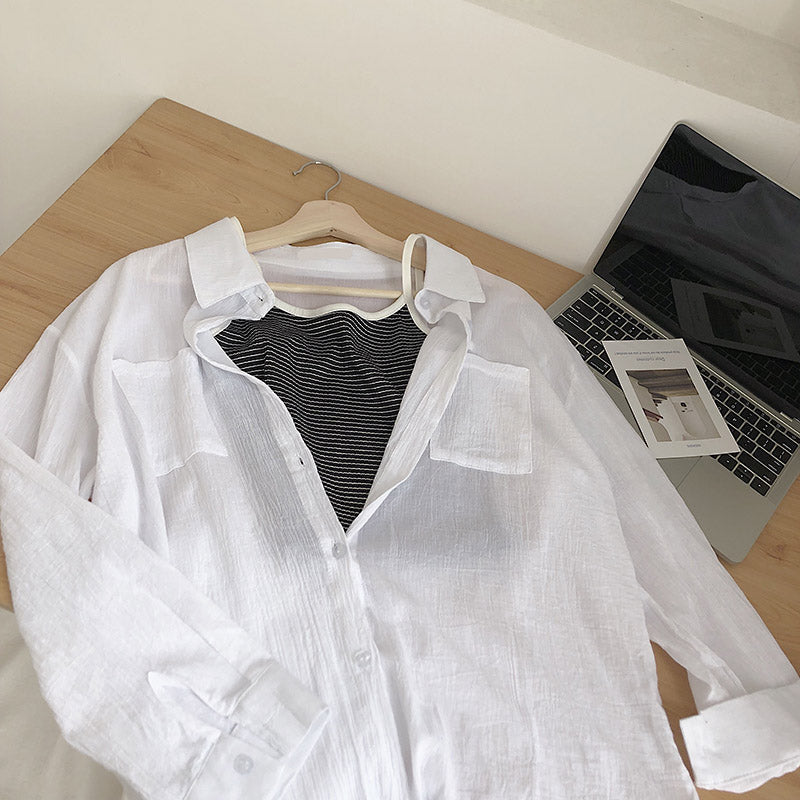 Striped slim fitting bottom sling + white loose shirt sunscreen two-piece set  6235