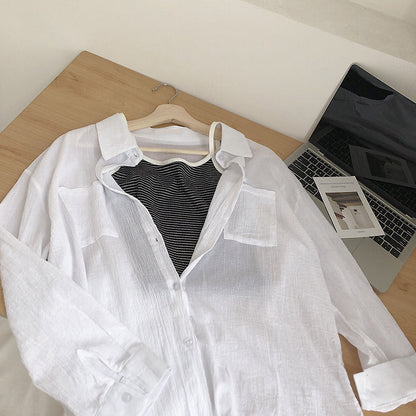 Striped slim fitting bottom sling + white loose shirt sunscreen two-piece set  6235