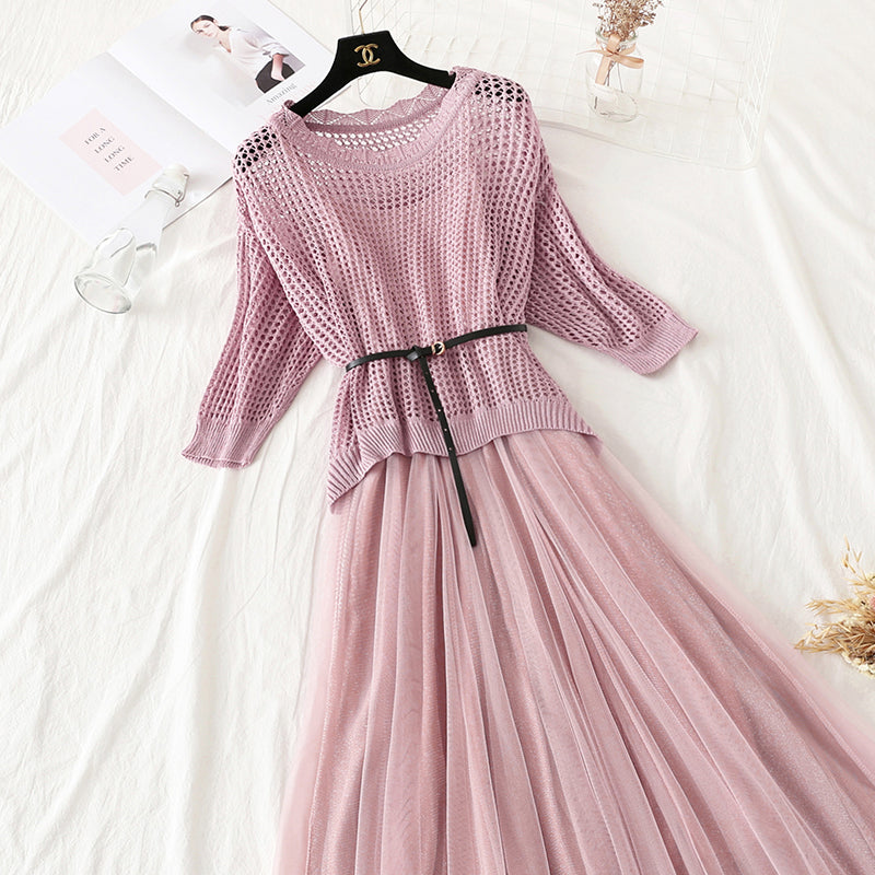 Hollowed out bat sleeve sweater mesh suspender skirt  4313