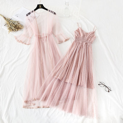 Sequin mesh dress suspender skirt two piece suit  4478