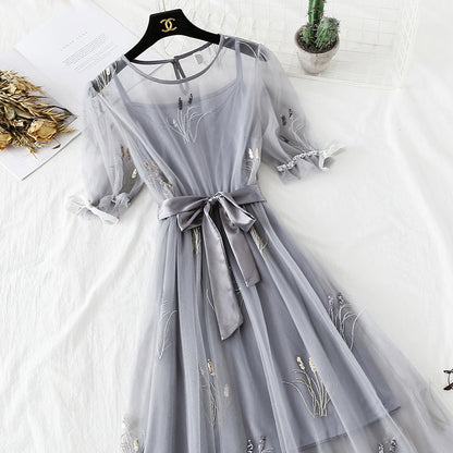 Embroidered mesh dress national minority Platycodon skirt French retro skirt  4305