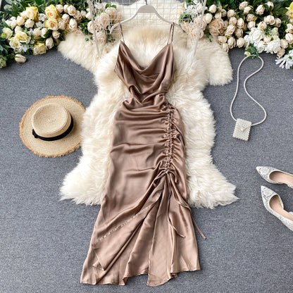 Sexy Spaghetti Straps Backless Silk Satin Dress Women Summer Holiday Dress P158