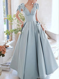 Blue V Neck Satin Beads Long Prom Dress Bow on Shoulder