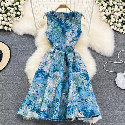 Summer retro palace style oil painting jacquard round neck sleeveless waist slimming medium and long A-line dress 11287