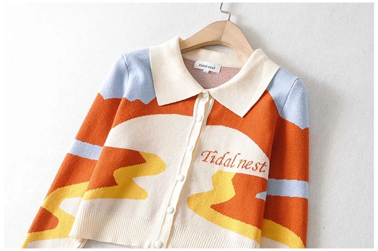 Minority design sunset oil painting super beautiful retro knitted cardigan  7211