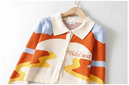 Minority design sunset oil painting super beautiful retro knitted cardigan  7211