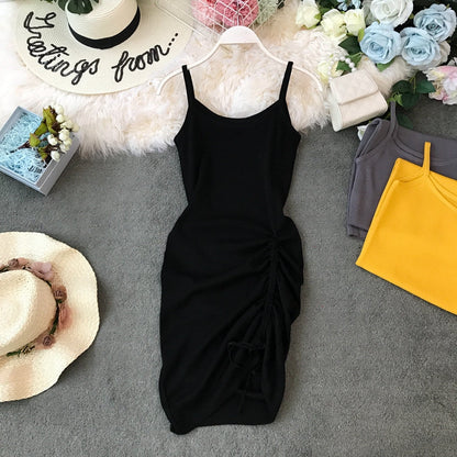 Drawstring pleated sexy irregular suspender dress women  3399