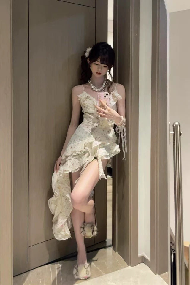 Fashion Irregular Ruffled Floral Design A-line Sleeveless Spaghetti Strap Dress TP3279