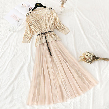 Hollowed out bat sleeve sweater mesh suspender skirt  4313