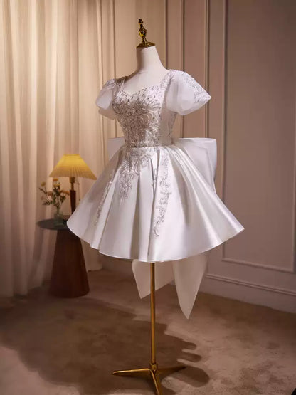 White beaded puffy short homecoming dress wedding dress party dress birthday party dress light wedding dress princess gh4606