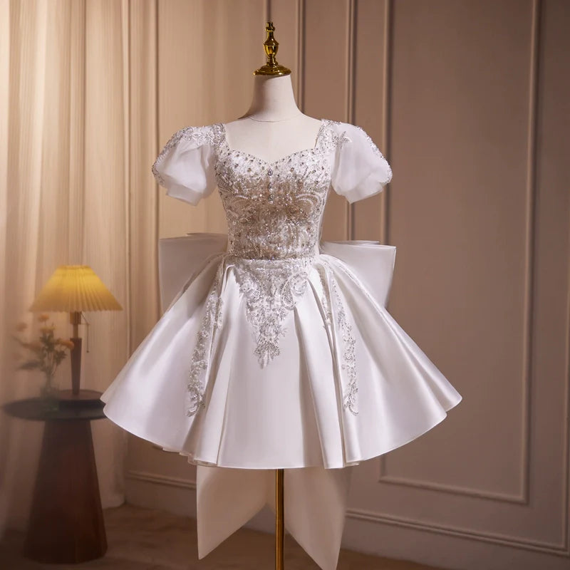 White beaded puffy short homecoming dress wedding dress party dress birthday party dress light wedding dress princess gh4606
