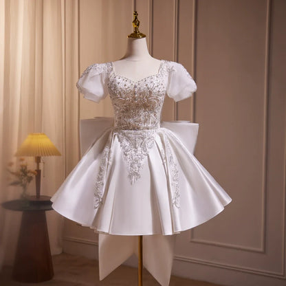 White beaded puffy short homecoming dress wedding dress party dress birthday party dress light wedding dress princess gh4606