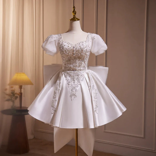 White beaded puffy short homecoming dress wedding dress party dress birthday party dress light wedding dress princess gh4606