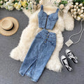 New Fashion Sexy Two-piece Short Halter Tank Top High Waisted Two-piece Denim Skirt TP2827