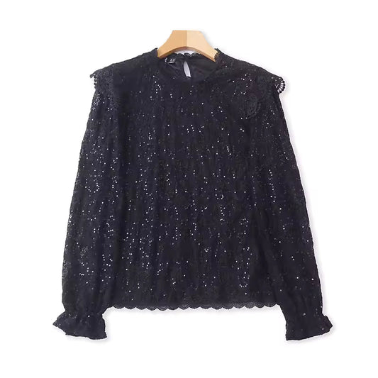Spring and Autumn Style Lace Sequin Long-Sleeved Shirt Women's Clothing Sweet and Sparkling Blouse Lace Top  11376