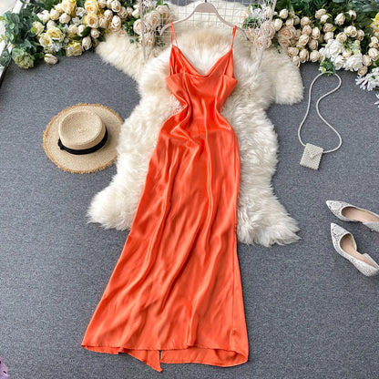 Sexy Spaghetti Straps Backless Silk Satin Dress Women Summer Holiday Dress P158