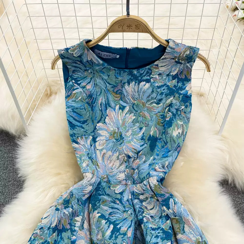 Summer retro palace style oil painting jacquard round neck sleeveless waist slimming medium and long A-line dress 11287